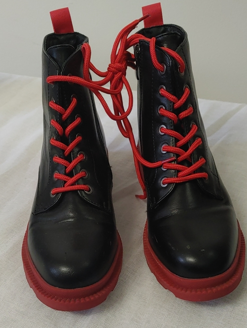 Black Leather Lace-Up Ankle Boots with Red Accents l Instreets